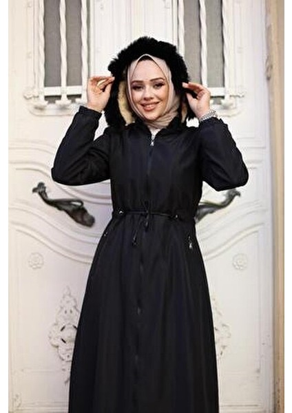 Kadın Fermuarlı Cepli Kapüşonlu Bondit Mont