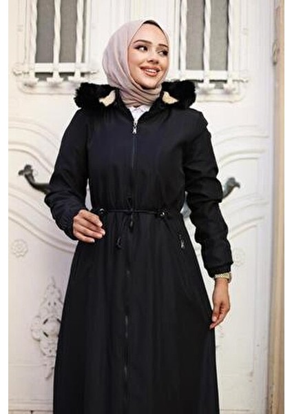 Kadın Fermuarlı Cepli Kapüşonlu Bondit Mont