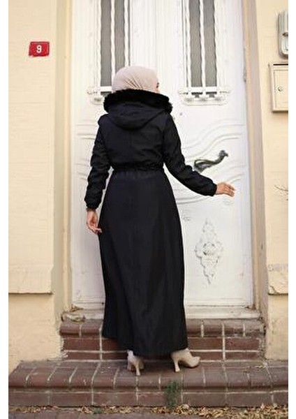 Kadın Fermuarlı Cepli Kapüşonlu Bondit Mont