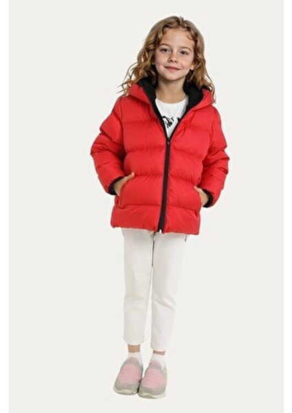 Kız Çocuk Kırmızı Su ve Rüzgara Dayanıklı Kapüşonlu Şişme Mont indirimleri
