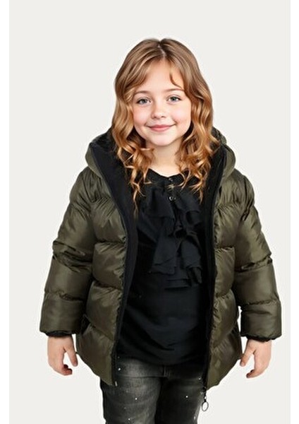 Kız Çocuk Haki İçi Polarlı Kapüşonlu Su ve Rüzgara Dayanıklı Şişme Mont