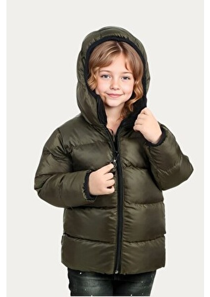 Kız Çocuk Haki İçi Polarlı Kapüşonlu Su ve Rüzgara Dayanıklı Şişme Mont