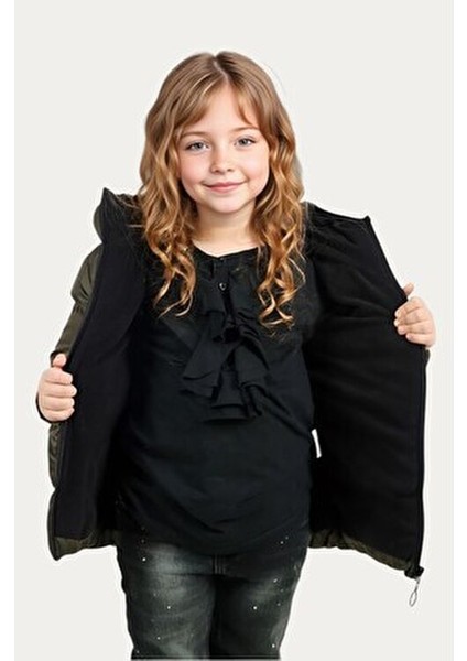 Kız Çocuk Haki İçi Polarlı Kapüşonlu Su ve Rüzgara Dayanıklı Şişme Mont