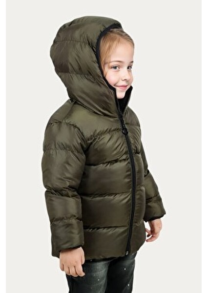 Kız Çocuk Haki İçi Polarlı Kapüşonlu Su ve Rüzgara Dayanıklı Şişme Mont
