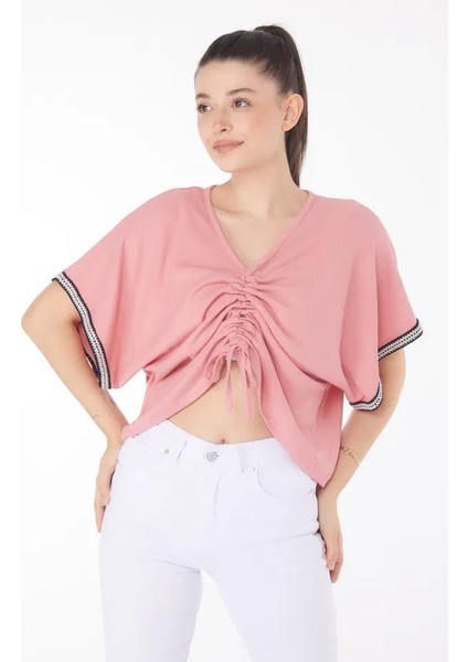 V Yaka Büzgülü Detaylı Bluz fırsatları