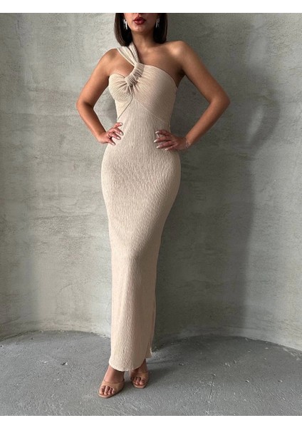 Tek Omuz Pliseli Elbise