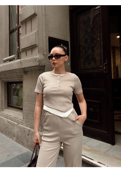 Düğme Yakalı Bej Alt Üst Takım S3943 indirimleri