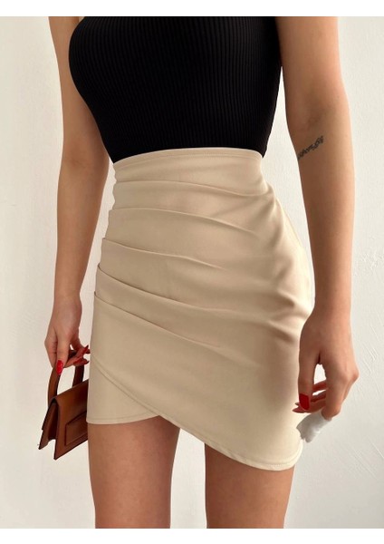 Yandan Drapeli Asimetrik Etek Bej S24771 modelleri