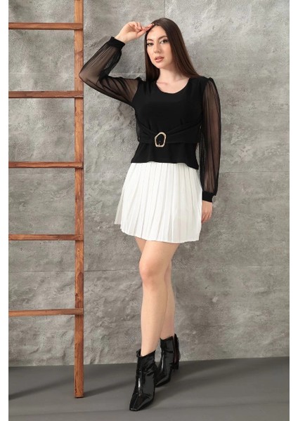 Tokalı Tül Kollu Bluz Siyah T4071 fırsatları