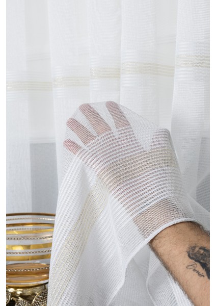 Nevra Gold Işlemeli 1/3 Sık Pileli Ütü Istemez Kırışmaz Yeni Sezon Salon Oda Tül Perdesi