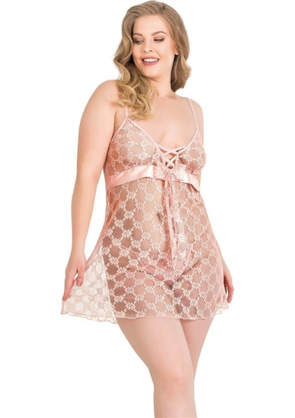 Büyük Beden Somon Kısa Tül Gecelik