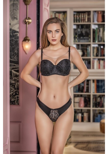 Simli Straplez Lotus Sütyen ve Slip Külot Takım Siyah (MGP31541)