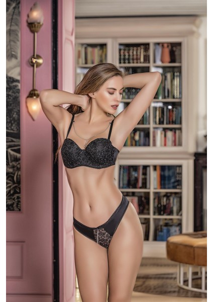 Simli Straplez Lotus Sütyen ve Slip Külot Takım Siyah (MGP31541) fiyatları