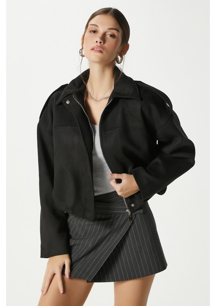 Kadın Rodney Süet Etkili Siyah Bomber Ceket