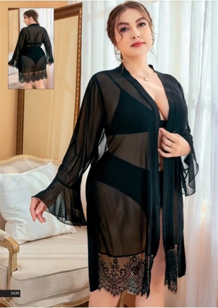 Büyük Beden Fantazi Tül Sabahlık Takım