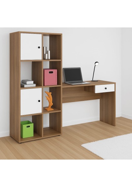 Vital Kitaplıklı Çalışma Masası Gövde Ceviz Kapak Beyaz