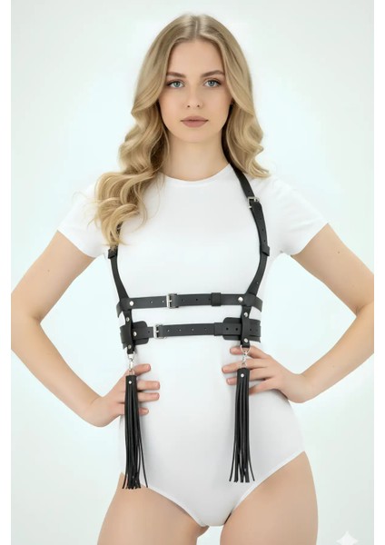 Püskül Detaylı Omuzdan Askılı Elbise Üzeri Şık Deri Bel Korse Kemer APFT638