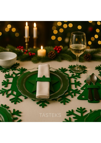 Yılbaşı Temalı 2 Kişilik 10 Parça Keçe Amerikan Servis Seti – Kar Tanesi & Ağaç & Yıldız Desenli