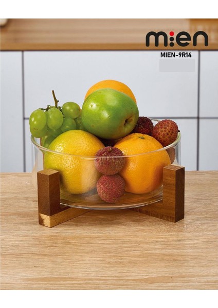 20 cm Akasya Ahşap Standlı Borosilikat Cam Kase