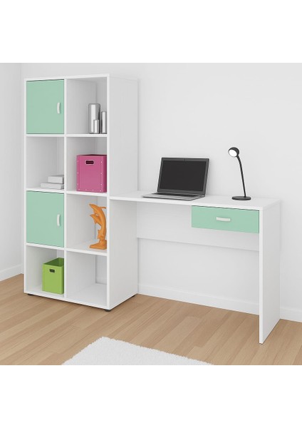 Vital Kitaplıklı Çalışma Masası Gövde Beyaz Kapak Su Yeşili