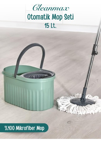 360° Döner Başlıklı Premium Temizlik Seti 15LT- Döner Başlıklı Paslanmaz Çelik Saplı- Yeşil