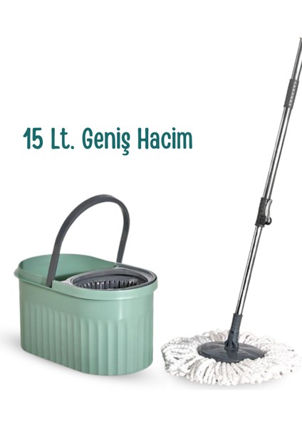 360° Döner Başlıklı Premium Temizlik Seti 15LT- Döner Başlıklı Paslanmaz Çelik Saplı- Yeşil indirimleri
