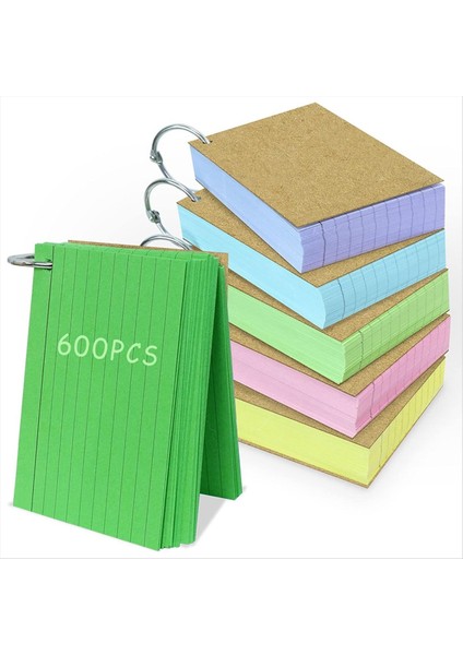 600 Pcs Dizin Kartları 3x5 Inç Renkli Flash Kartlar Halka Delinli Çizgili Flash Kartlar Yönetilmiş Dizin Kartları (Yurt Dışından)