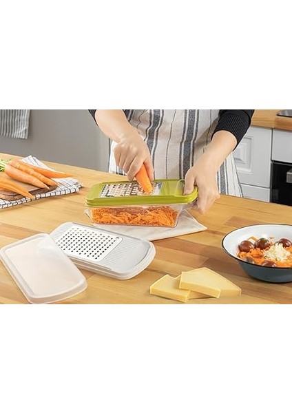 Home 3 Bıçaklı Yatay Rende, Rondo Rondoğrayıcı, Saklama Kabı Hazneli Kapaklı Plastik Rende, Çok Fonksiyonlu Mutfak Aleti, Sebze ve Meyveler Için Etkili Doğrama ve Rendeleme modelleri