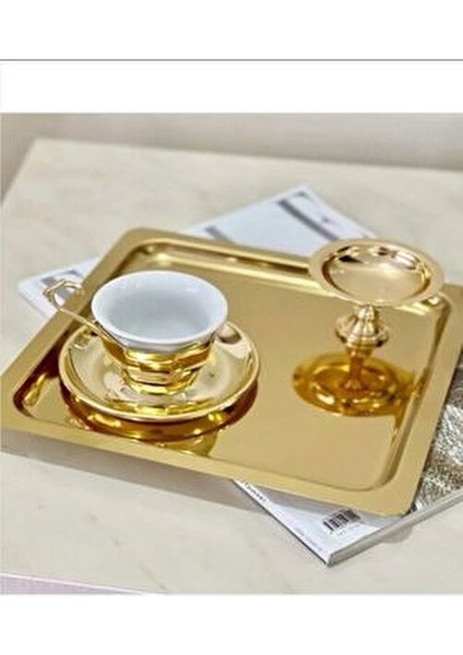 6 Adet Paslanmaz Çelik Kare Tepsi Seti Altın Renk 21x21 cm Zarif Sunum İçin