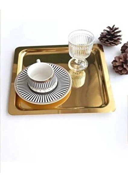 6 Adet Paslanmaz Çelik Kare Tepsi Seti Altın Renk 21x21 cm Zarif Sunum İçin