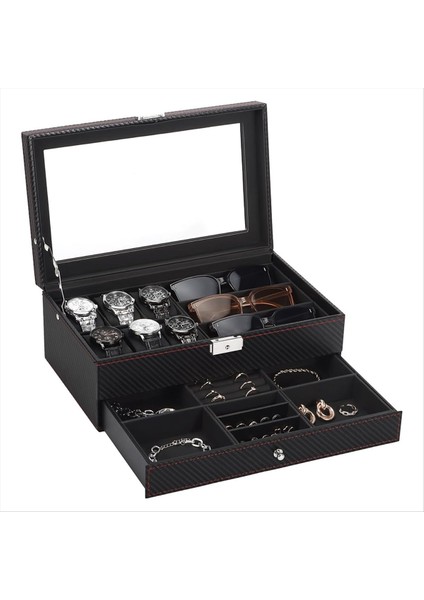 Izle Kutusu 6 Slot Izleme Çantası ve 3 Yuva Güneş Gözlüğü Organizatörü ile Erkek Mücevher Kutusu 2 Katmanlı Kilitlenebilir Saat Tutucu (Yurt Dışından)
