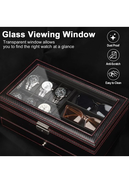 Izle Kutusu 6 Slot Izleme Çantası ve 3 Yuva Güneş Gözlüğü Organizatörü ile Erkek Mücevher Kutusu 2 Katmanlı Kilitlenebilir Saat Tutucu (Yurt Dışından) fiyatları