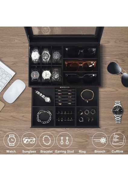 Izle Kutusu 6 Slot Izleme Çantası ve 3 Yuva Güneş Gözlüğü Organizatörü ile Erkek Mücevher Kutusu 2 Katmanlı Kilitlenebilir Saat Tutucu (Yurt Dışından) fırsatları