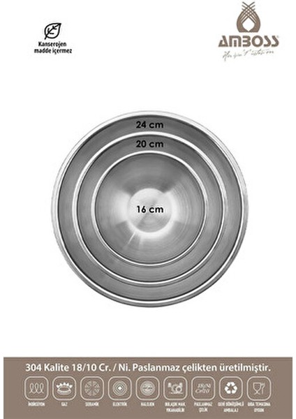 3 Parça Paslanmaz Çelik Karıştırma Kabı Seti 16 cm 20 cm 24 cm Hijyenik ve Dayanıklı