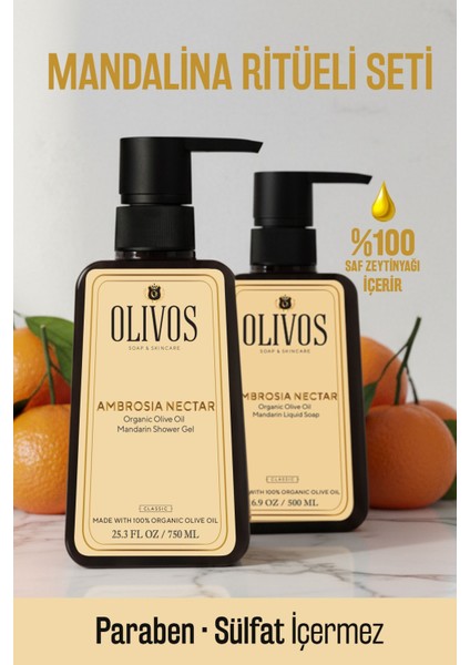 Ambrosia 2’li Set – %100 Doğal Zeytinyağlı Mandalina Kokulu Duş Jeli ve El Sabunu, 1250 ml