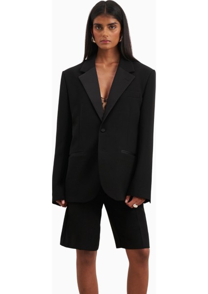 Satin Detail Single Breasted Blazer Oversize Tek Düğmeli Kadın Ceket