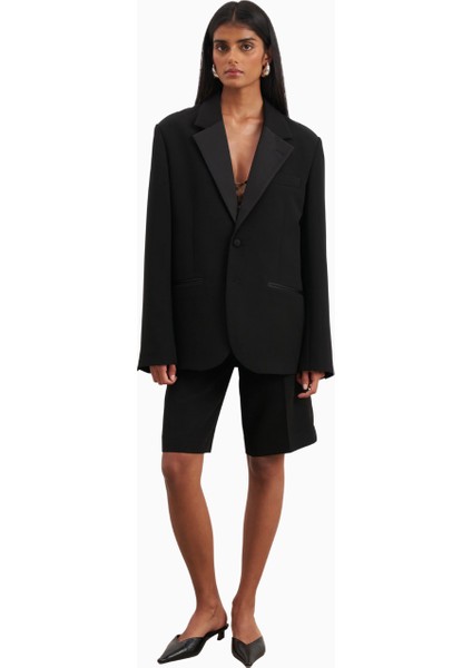 Satin Detail Single Breasted Blazer Oversize Tek Düğmeli Kadın Ceket modelleri
