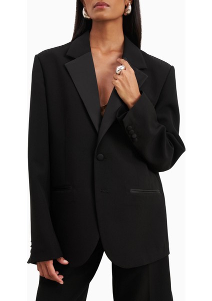 Satin Detail Single Breasted Blazer Oversize Tek Düğmeli Kadın Ceket