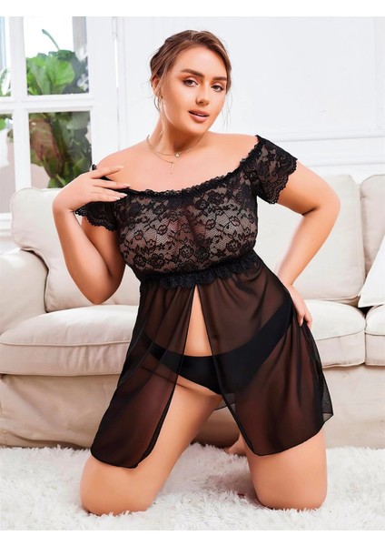 Dantel Detaylı Fantazi Büyük Beden Tül Gecelik