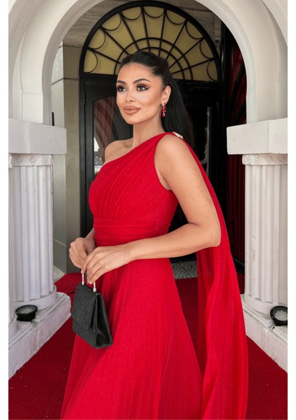 Simli Tül Kumaş Plise Detaylı Abiye Elbise - Kırmızı fırsatları