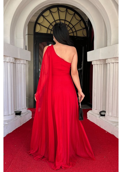 Simli Tül Kumaş Plise Detaylı Abiye Elbise - Kırmızı indirimleri