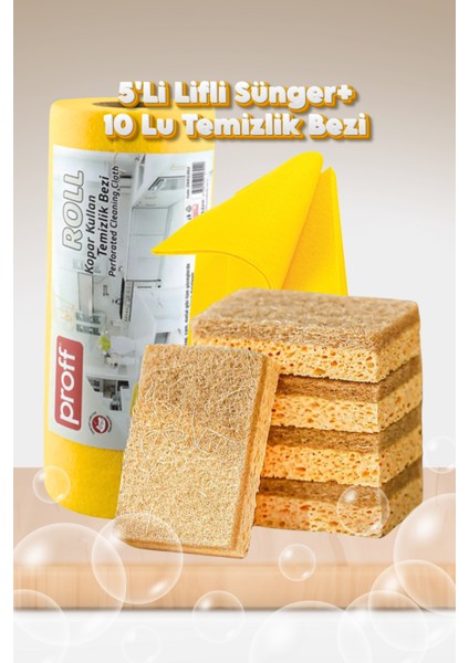 5 Adet Lifli Sünger + 10’lu Rulo Temizlik Bezi | Pratik Mutfak Temizlik Seti