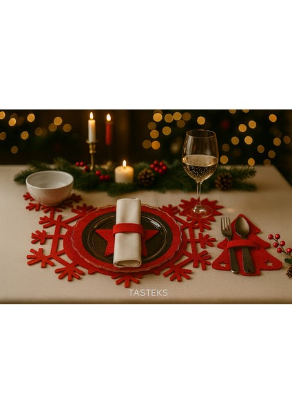 Yılbaşı Temalı 2 Kişilik 10 Parça Keçe Amerikan Servis Seti – Kar Tanesi & Ağaç & Yıldız Desenli