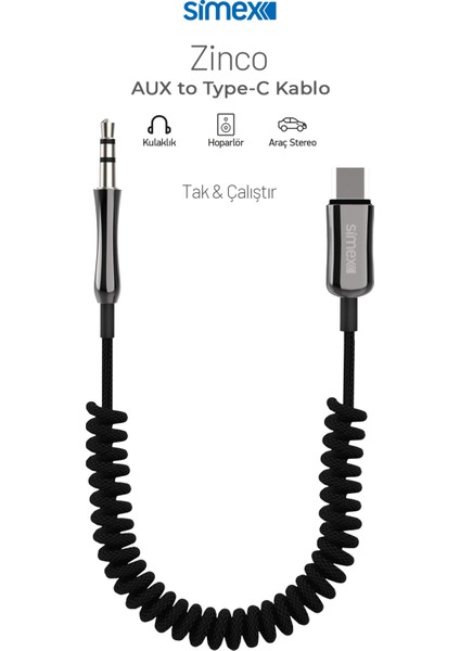 Zinco Type-C Kumaş Spiralli Aux Kablosu Simex Sa-01