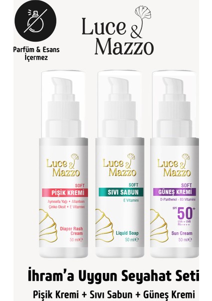 Kokusuz Ihrama Uygun Seyahat Seti Güneş Kremi, Sıvı Sabun, Pişik Kremi - Ham Bez Kese HEDİYE!