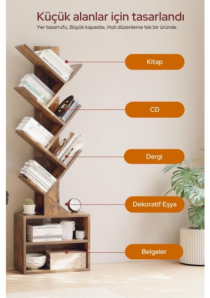 6 Katlı Kitaplık Depolama Dolaplı, Dar ve Uzun Ağaç Kitaplık | Modern Rustik Kahverengi Kitap Düzenleyici fiyatları