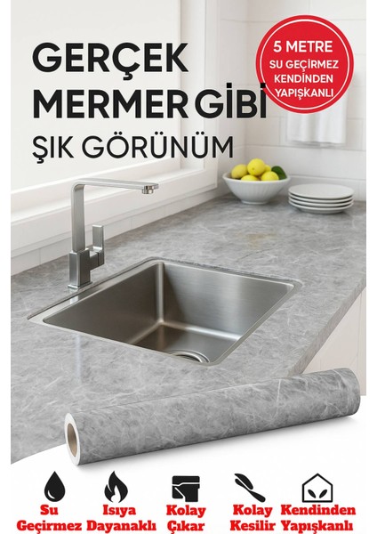 Gri Mermer Desenli Kendinden Yapışkanlı Su Geçirmez Tezgah Kaplama Folyo – Parlak Yüzey 60X500 cm