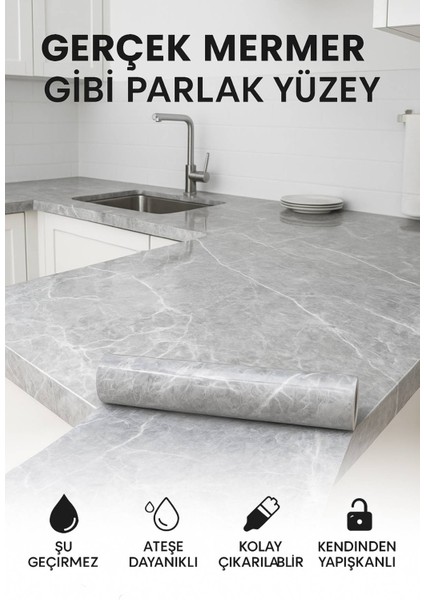 Gri Mermer Desenli Kendinden Yapışkanlı Su Geçirmez Tezgah Kaplama Folyo – Parlak Yüzey 60X500 cm modelleri
