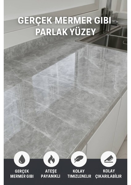 Gri Mermer Desenli Kendinden Yapışkanlı Su Geçirmez Tezgah Kaplama Folyo – Parlak Yüzey 60X500 cm fırsatları