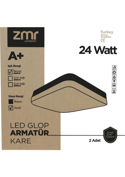 24W Kare LED Glop Armatür 2'li (Beyaz Işık – Siyah Kasa) fırsatları